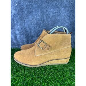 Franco Sarto Women’s Suede Ankle Boots Size 6.5 Tan Wedge Buckle Zip Booties